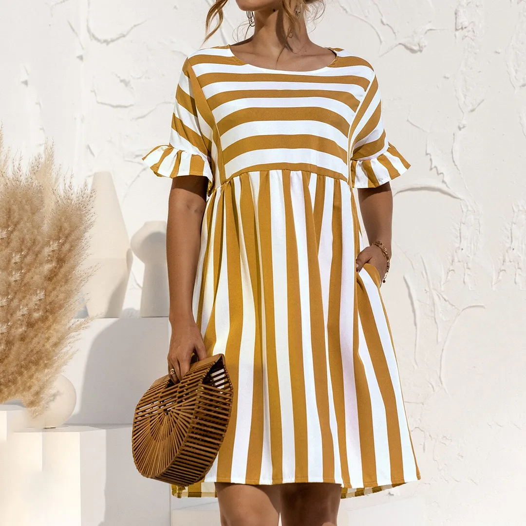 Women Summer Dress Fashion Striped Print Ruffles Sleeves Loose Dresses Elegant O Neck Plus Size Party Female Mini Dress Vestidos