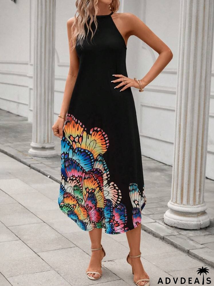 Butterfly Print Curved Hem Halter Dress