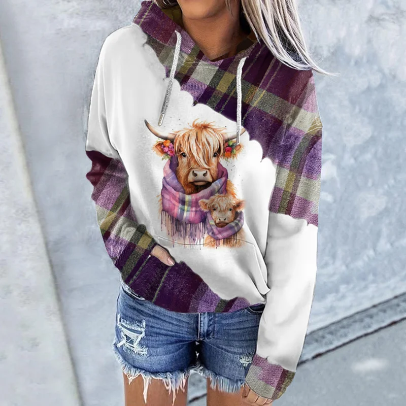 Women's Two Highland Cow In Plaid Print Hoodie
