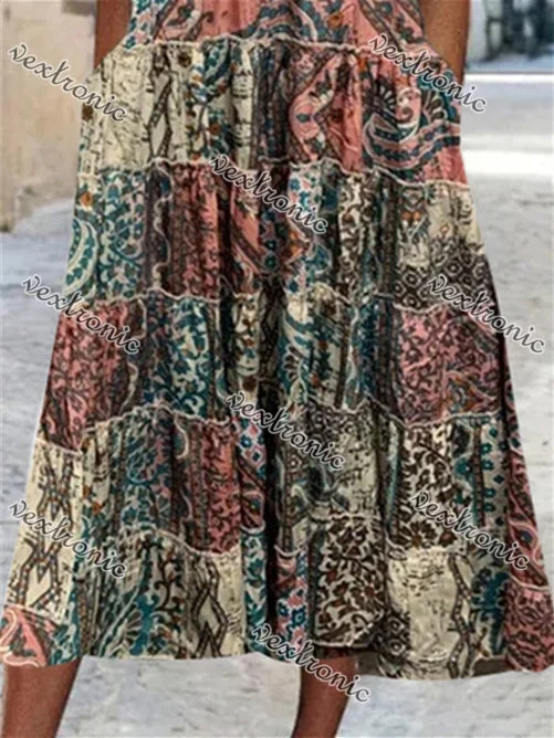 Women Short Sleeve Scoop Neck Floral Printed Stitching Maxi Dress