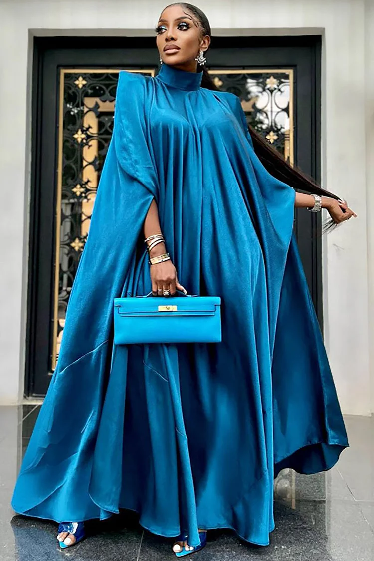 Stand Collar Pleated Metallic Maxi Cape Dresses