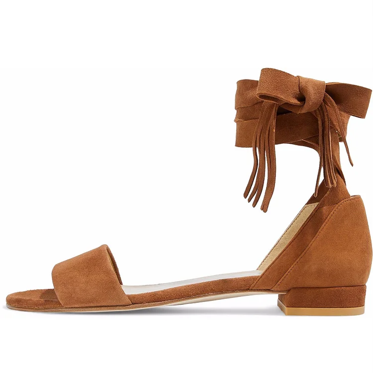 Tan Sandals Vegan Suede Comfortable Flats Fringe Vintage Strappy Sandals |FSJ Shoes