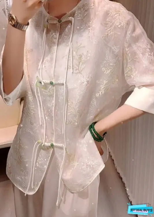 Vintage White Embroideried Chinese Button Patchwork Silk Blouses Summer