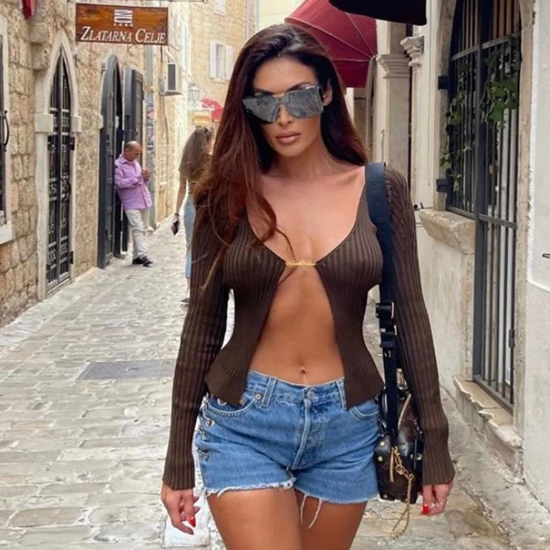 2021 Fashion Knit Tops Blouses Women Long Sleeve Metal Chain Open Front Slim Crop Tops Autumn Sexy Elegant Blouse Shirts Female