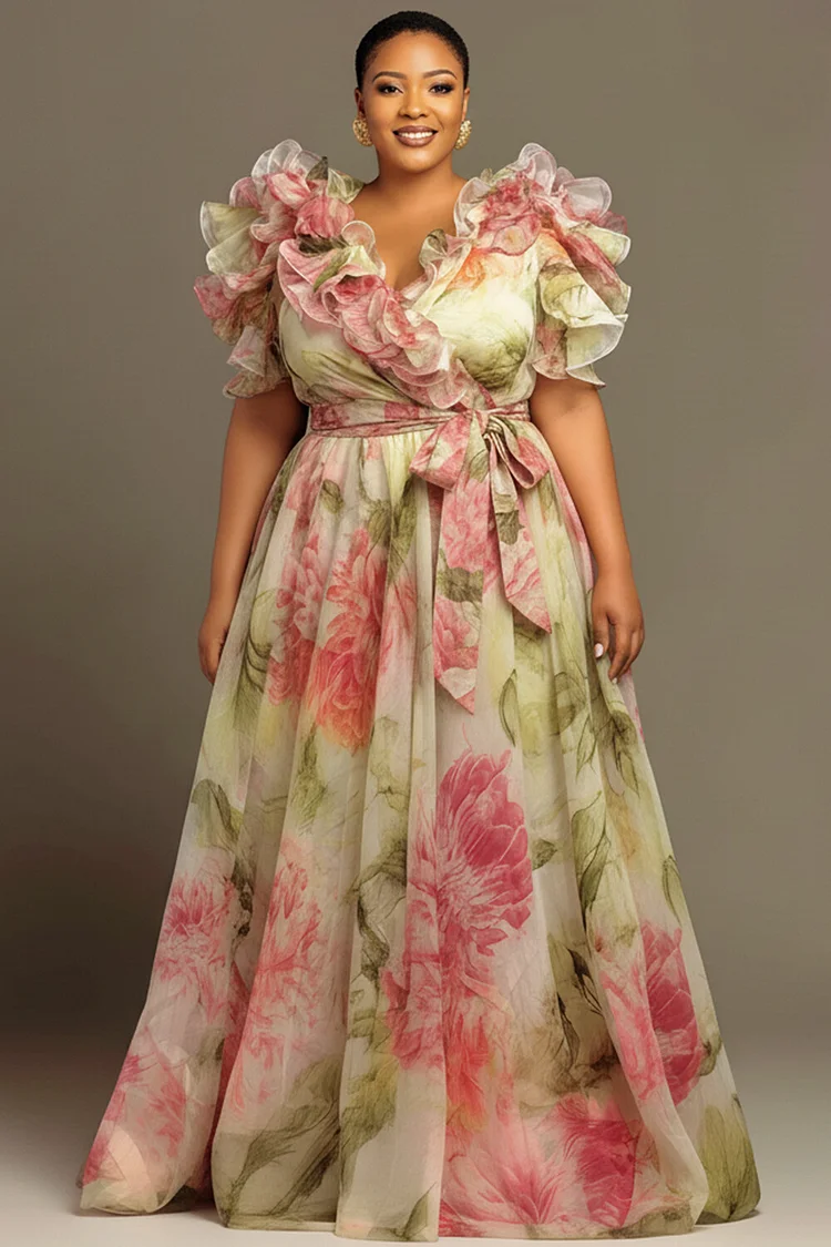 Xpluswear Design Plus Size Formal Sage Green Floral Wrap Neck Short Sleeve Ruffle Wrap Chiffon Maxi Dresses [Pre-Order] 2024 - Xpluswear