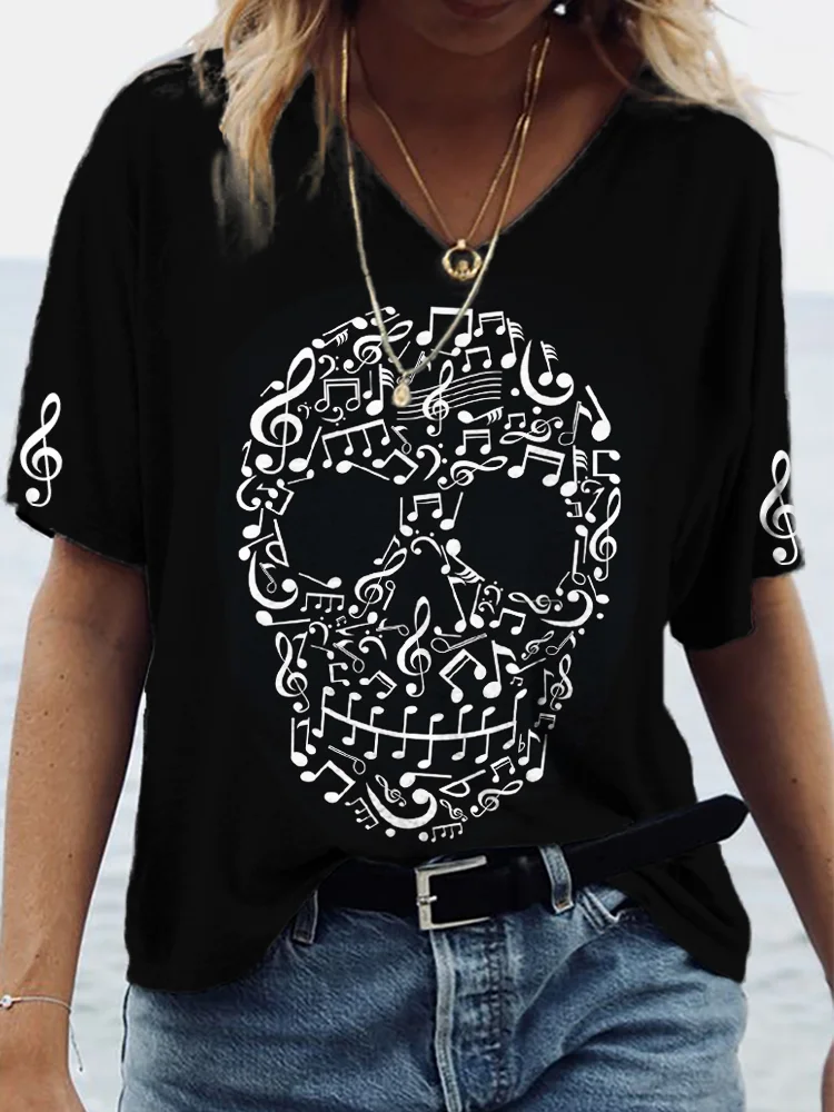 Skull Face Musical Notes Inspired V Neck T Shirt