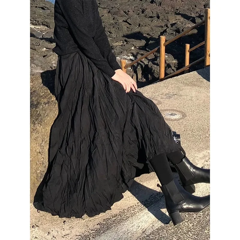 Zingj White Wrinkled Black Pleated Skirt Women 2021 New Korean Style Casual High Waisted A-Line Long Skirts Midi Falda Plisada