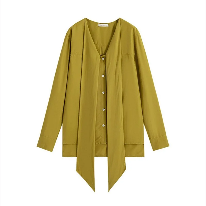Fashion Women Shirts Spring Autumn New Bowknot Scarf Collar Long Sleeve Green Shirts Office Casual Tops