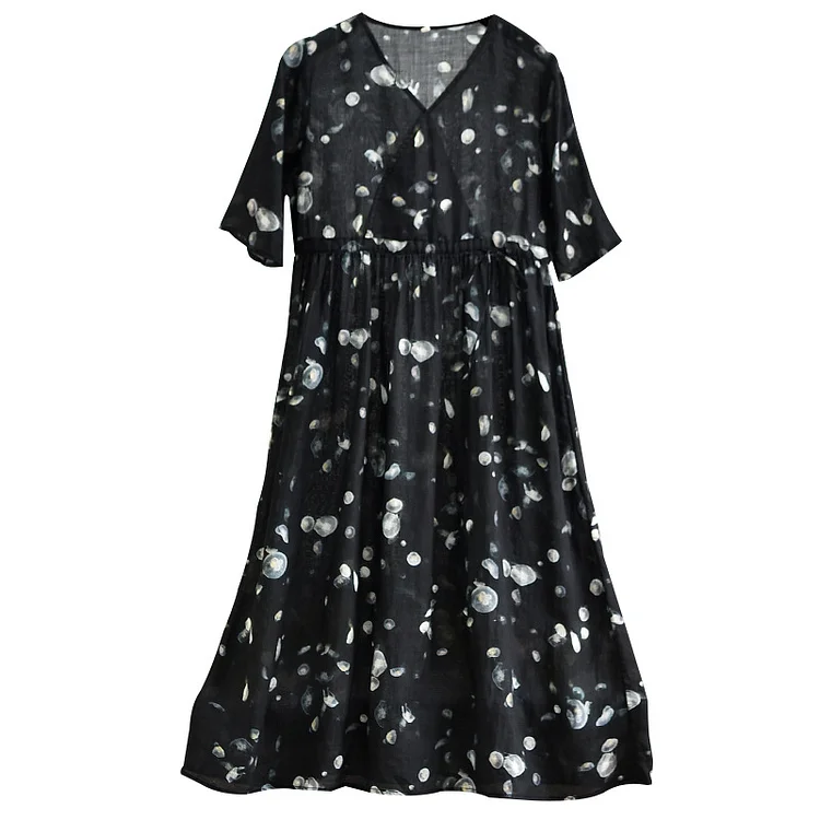Elegant Ramie Short Sleeve Waist Gathering Maxi Dress - yankia