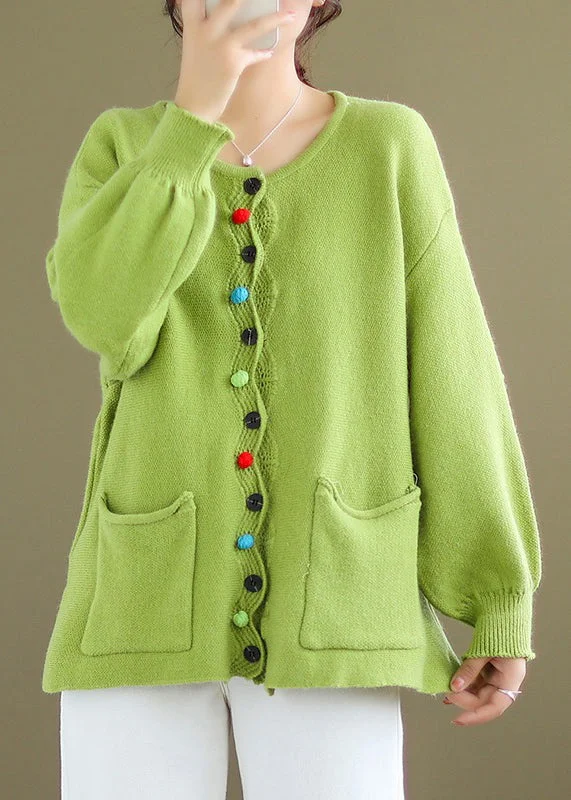 Plus Size Green Button Pockets Knit Coat Long Sleeve