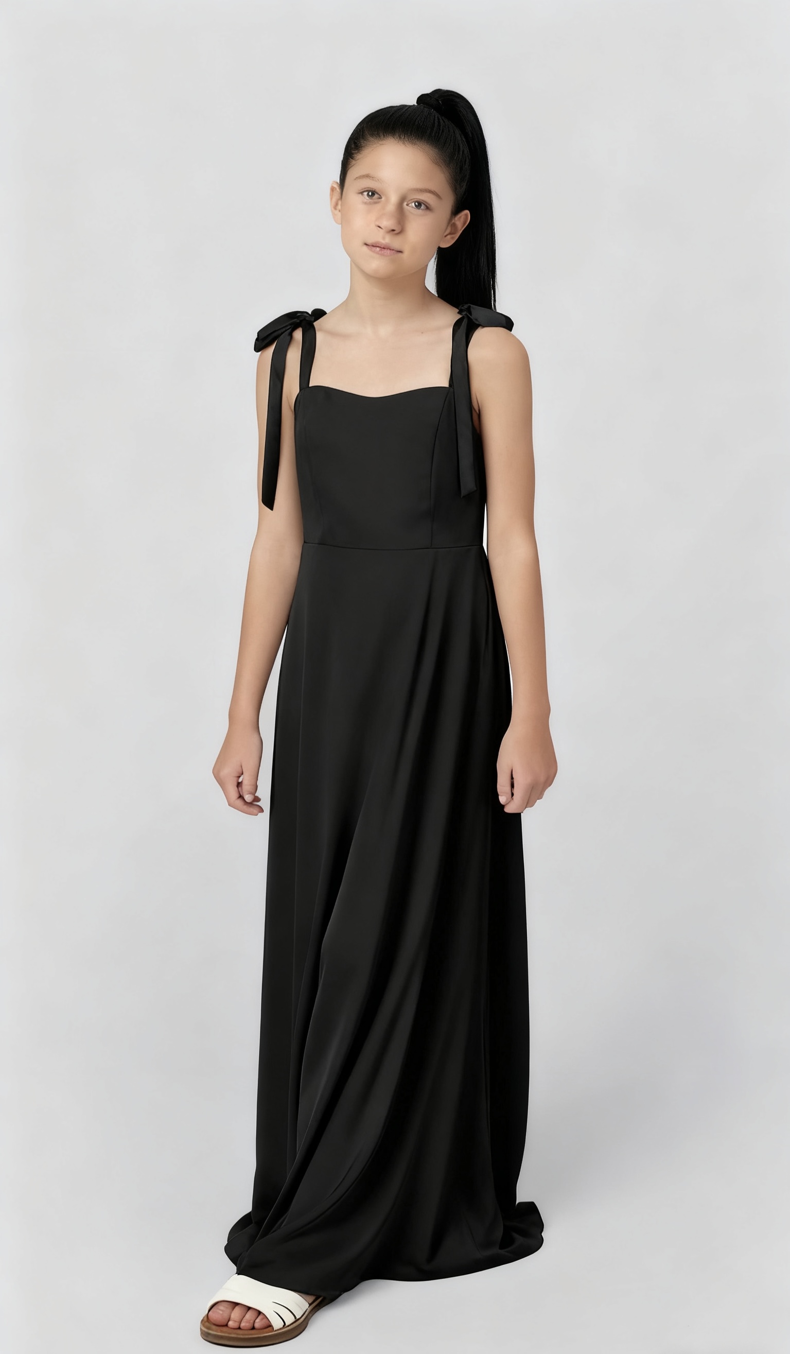 Chiffon Square Neck Spaghetti Straps Sleeveless High-Waisted Long A-Line Junior Bridesmaid Dress With Bows | JB043 Wellcucu