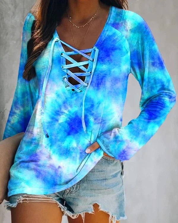 🔥kukelife🔥Color Tie-dye Lace Up Long Sleeve T-shirt