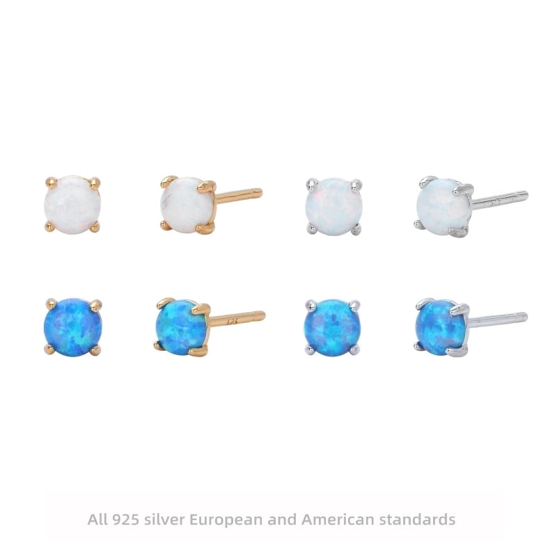 1 Pair 925 Sterling Silver Opal Geometric Ear Studs