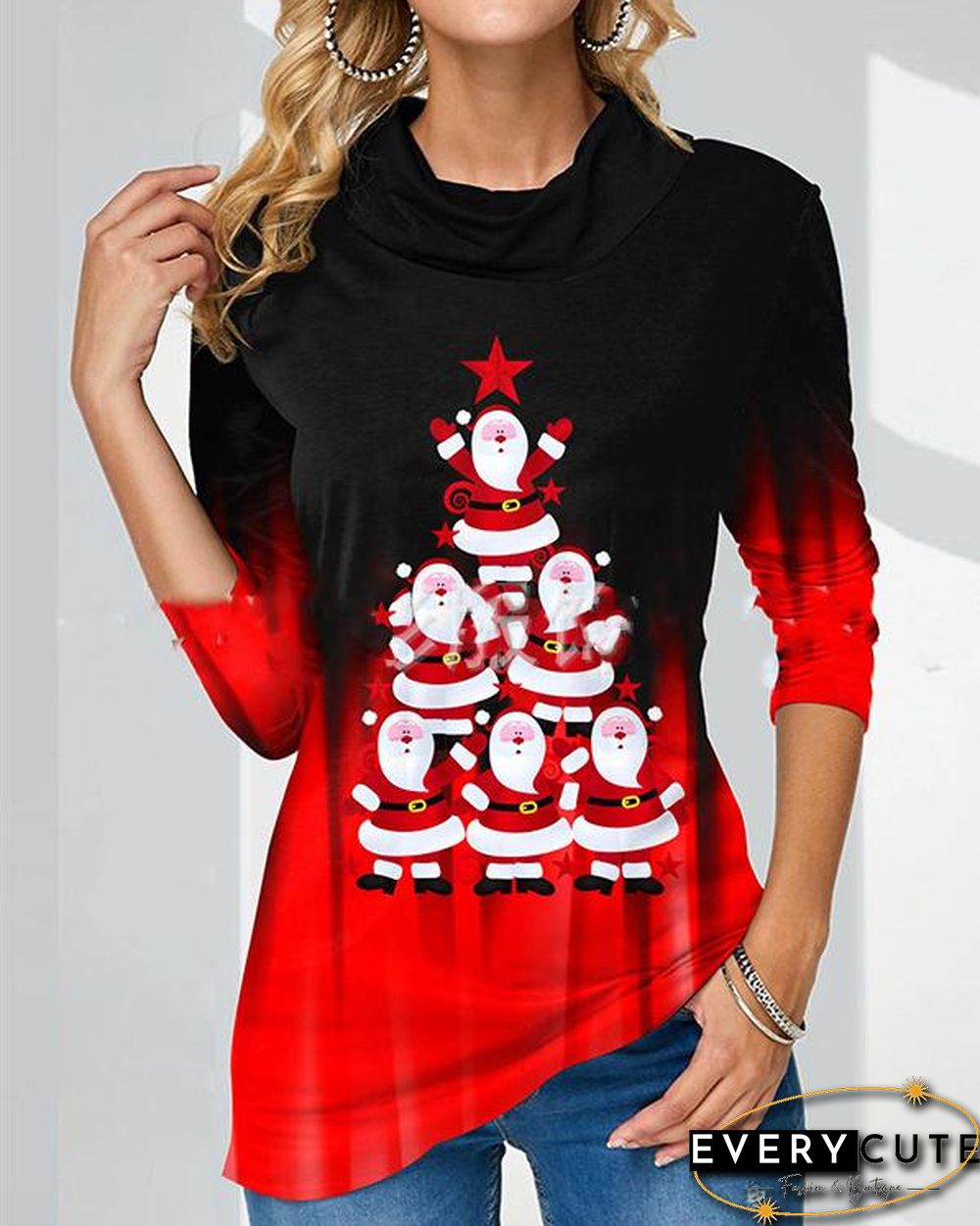 Christmas Print Long Sleeve Red White Sweatshirt