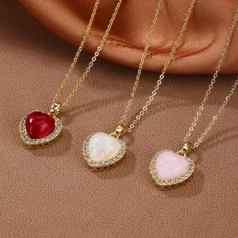 Synthetic Resin Copper 18K Gold Plated Heart Shape Pendant Necklace