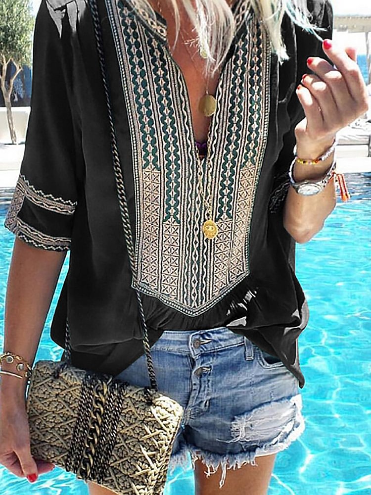 Bestdealfriday Casual Printed Short Sleeve V Neck Tribal Plus Size Blouse