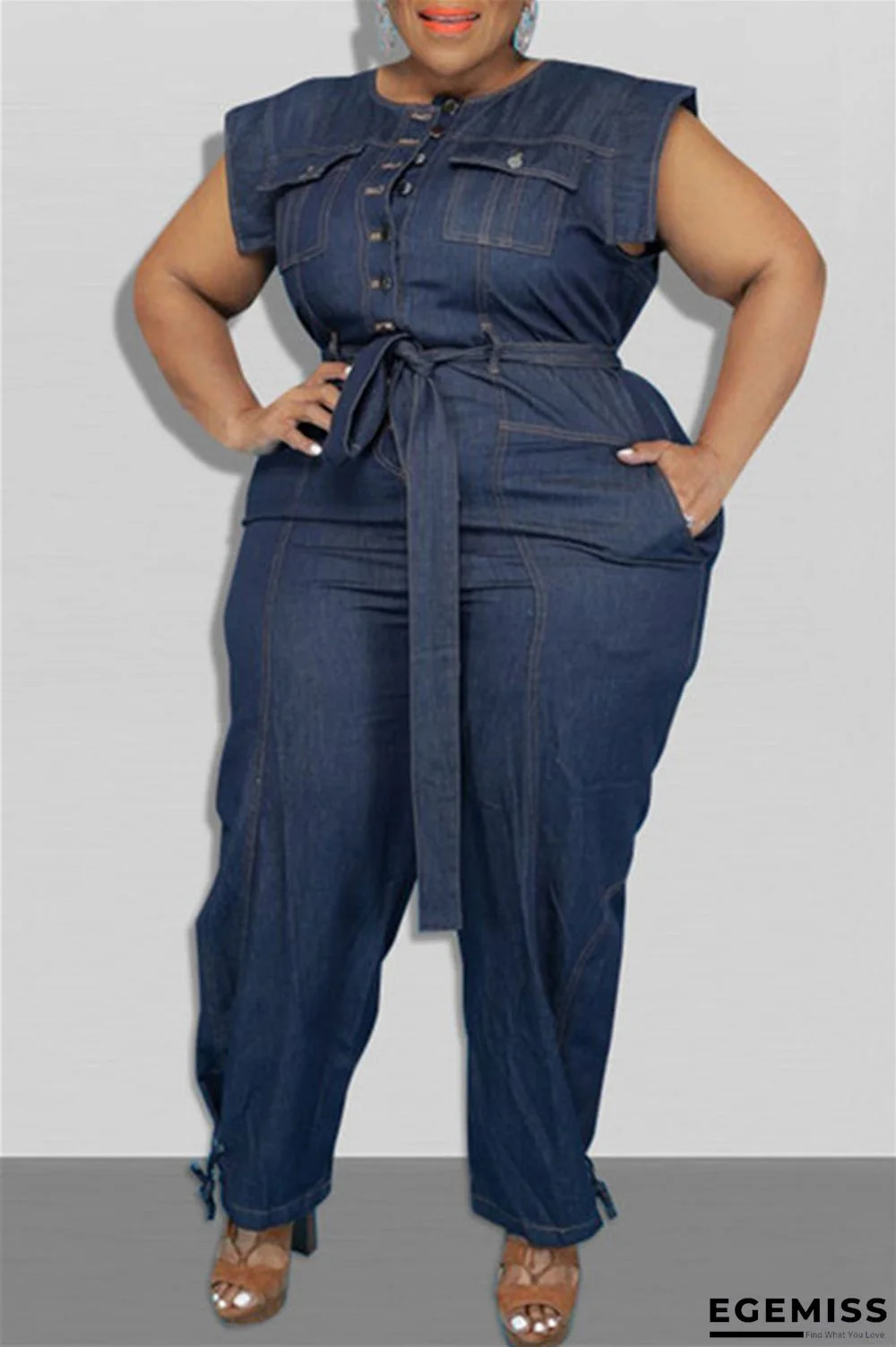 Dark Blue Fashion Casual Solid Patchwork O Neck Plus Size Jumpsuits | EGEMISS