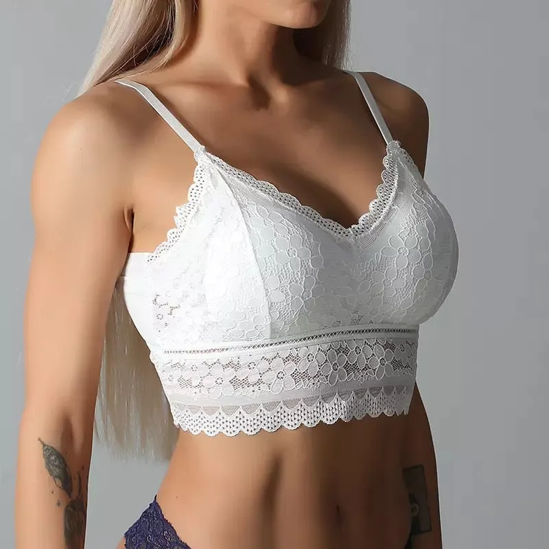 Meet'r Women Sexy Hollow Out Bralette Solid Color Beauty Back Lace Underwear Vest Female Add pad Wireless Bra Seamless Lingerie