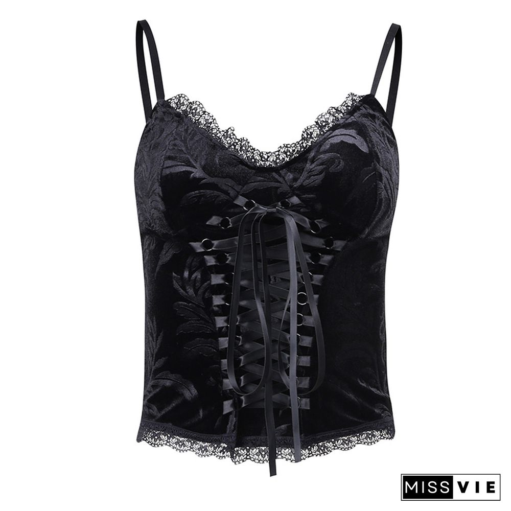 Goth Cross Print Lace Bodycon Crop Tops Camis Sexy Y2K Aesthetic Black Red Basic Corset Tank Top Summer Clothes For Women Girls