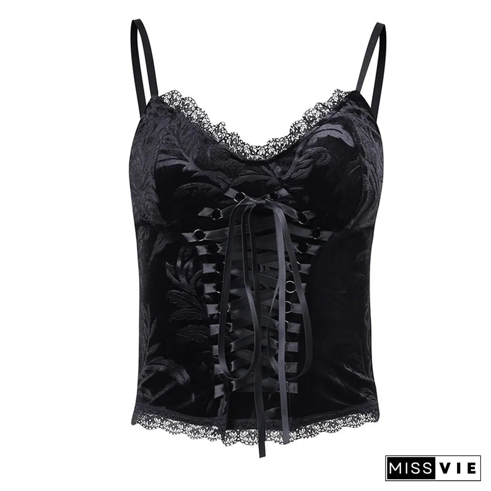 Goth Cross Print Lace Bodycon Crop Tops Camis Sexy Y2K Aesthetic Black Red Basic Corset Tank Top Summer Clothes For Women Girls