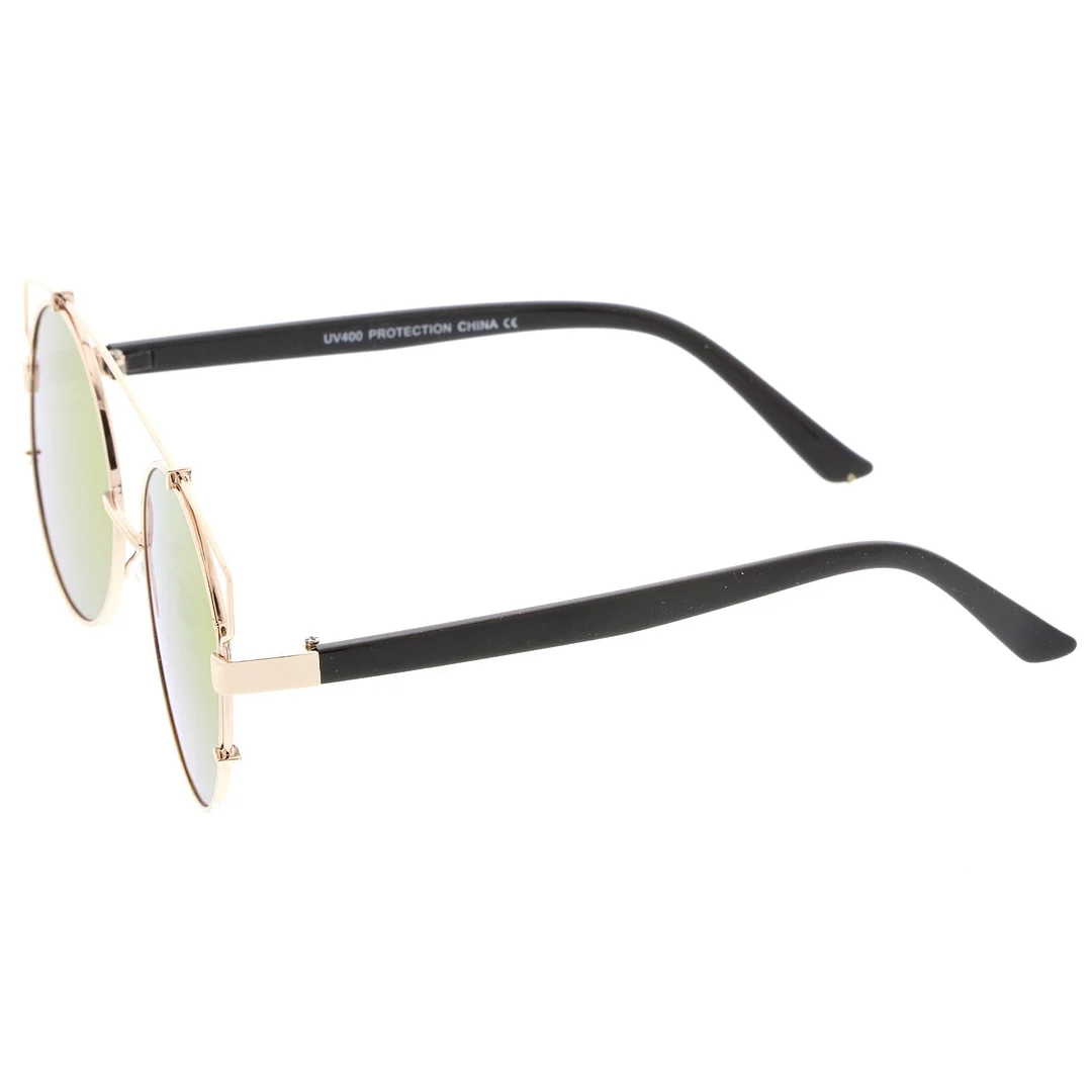 Midsize Metal Frame Horn Rimmed Crossbar Mirror Flat Lens Round glasses 53mm