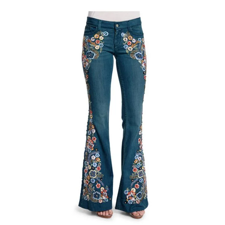 Ladies Embroidered Slim Fit Washed Flared Jeans