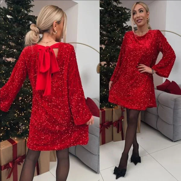 Loose mini dress with velvet sequins and a bow on the back