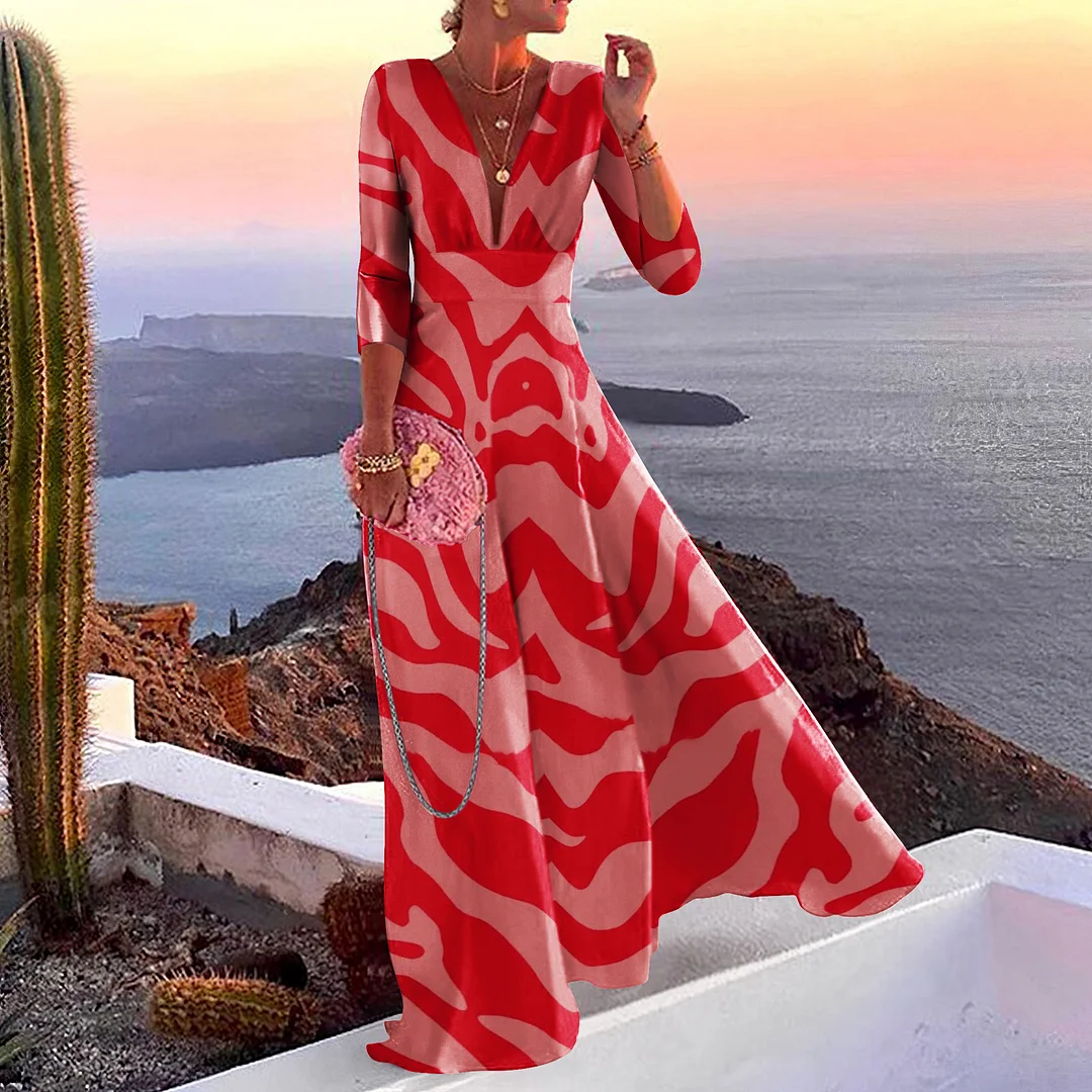 Elegant Striped Print V-Neck Maxi Dress