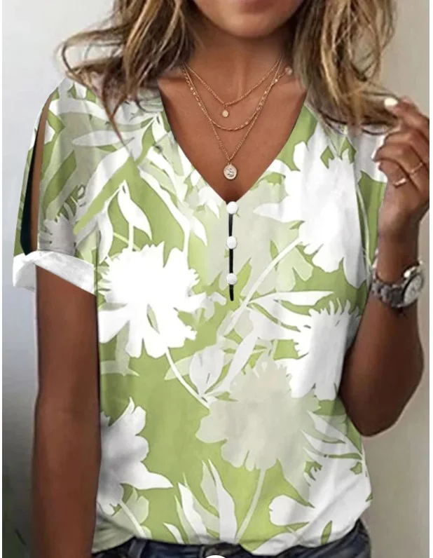 Printed Comfortable Casual V-neck Button Short Sleeves