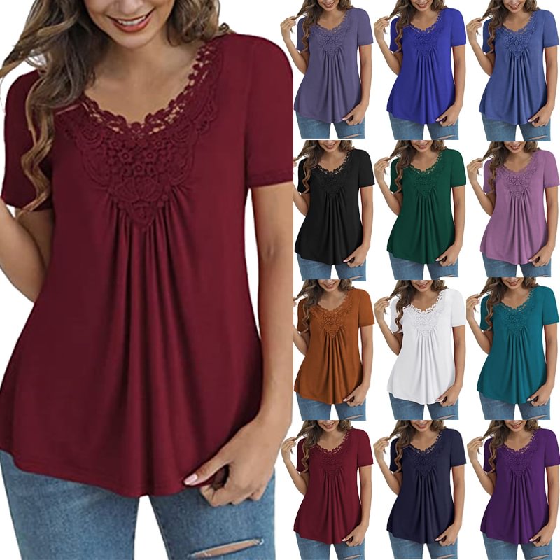Women's Plus Size Tops Casual Blouse Short Sleeve Lace Tops