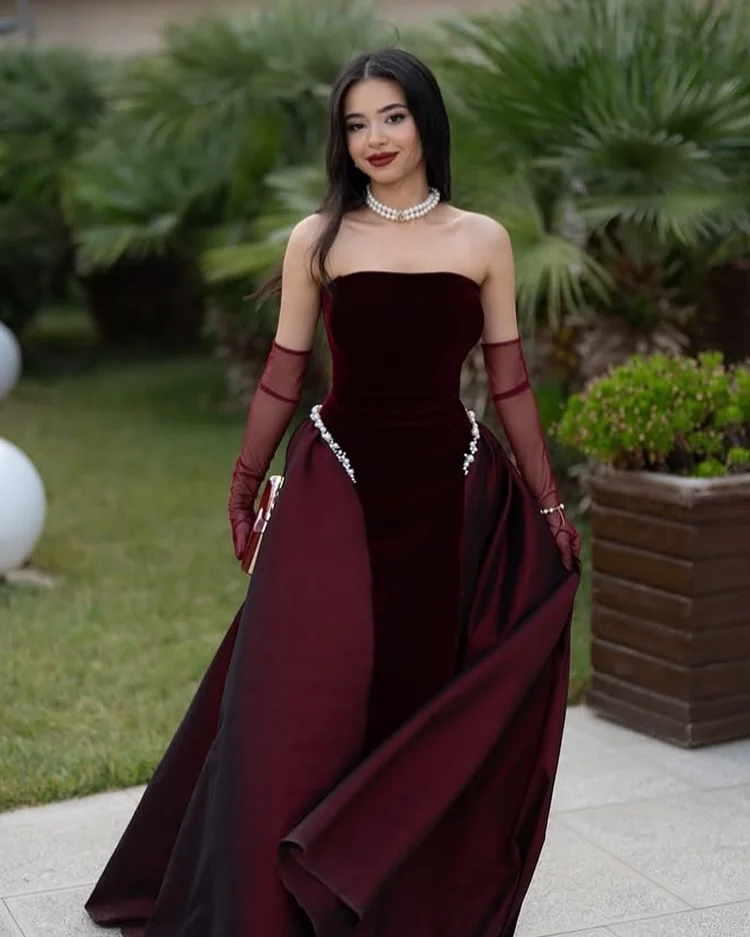 Graceful Burgundy Straight Across Beaded A-Line Prom Dress With Tulle Gloves YK0287