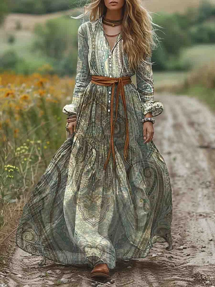 Women's Shirt Collar Long Sleeve Vintage Paisley Print Pocket Cotton A-Line Dress