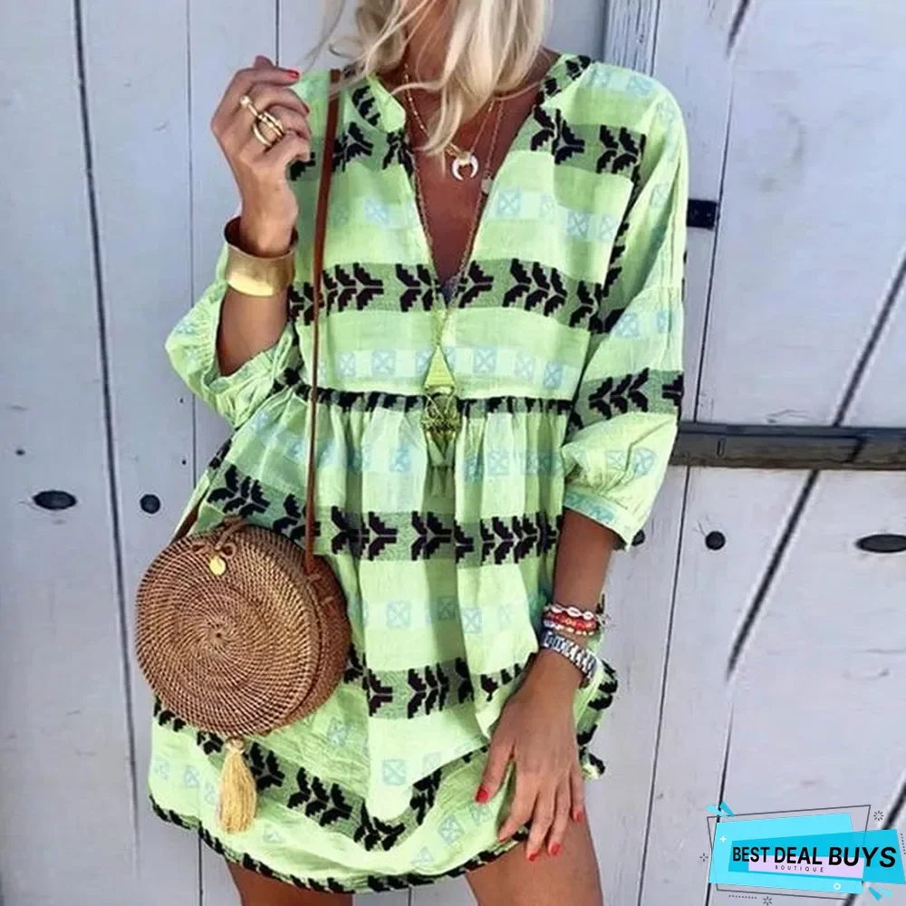 Women Casual Printed Three Quarter Sleeve Autumn Sexy V-neck Mini Party Vintage Plus Size Dresses