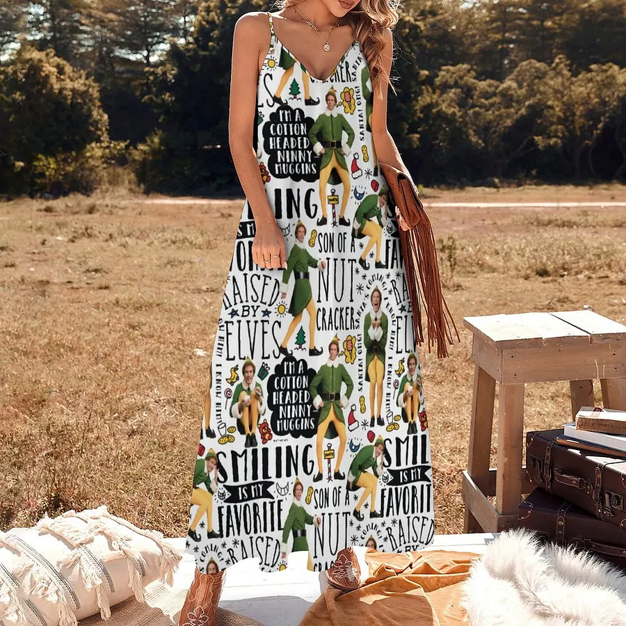 Buddy The Elf Quote Women's Casual Strappy V Neck Sleeveless Flowy Loose Long Maxi Beach Dress Sundress Geometric-XL