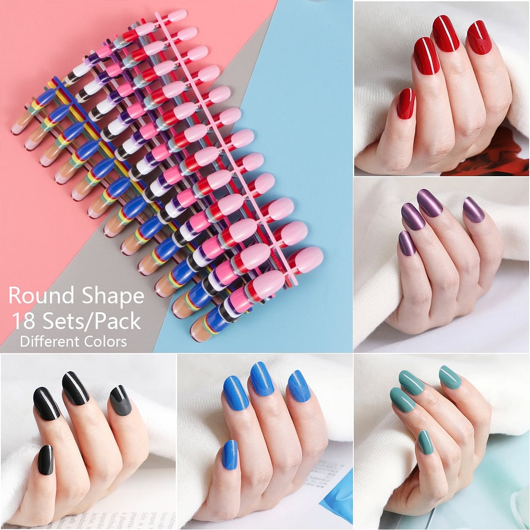 432pcs 18 Mixed Solid Colors Short Round Almond Coffin Shape Nail Tips Full Cover False Nail Tips Press On Fake Nails 18 Strips
