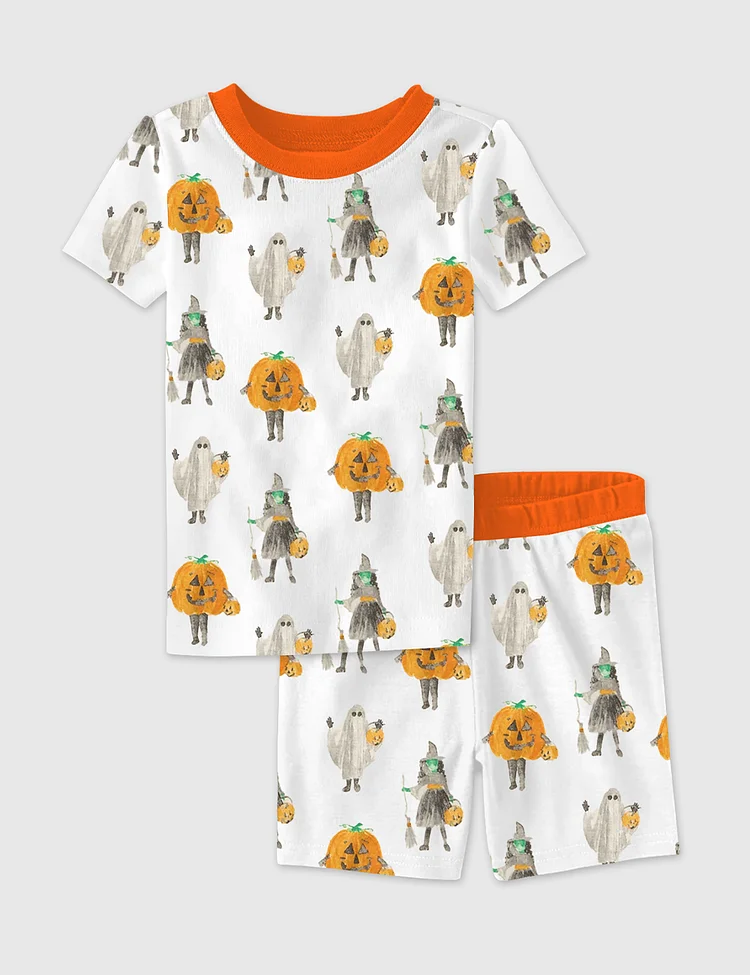 Kid's Witchy Halloween Spooky Pumpkin Aesthetics Witchy Halloween Witch Print Short Sleeve Pajama Set