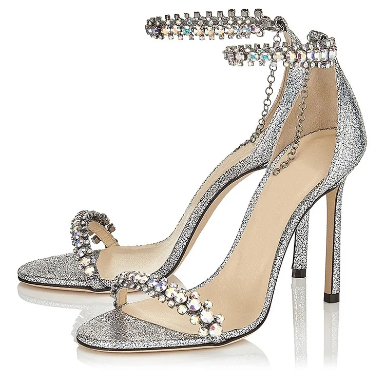 Silver Rhinestone Stiletto Heel Ankle Strap Sandals |FSJ Shoes