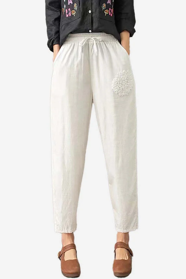 Embroidered pocket drawstring linen harem pants