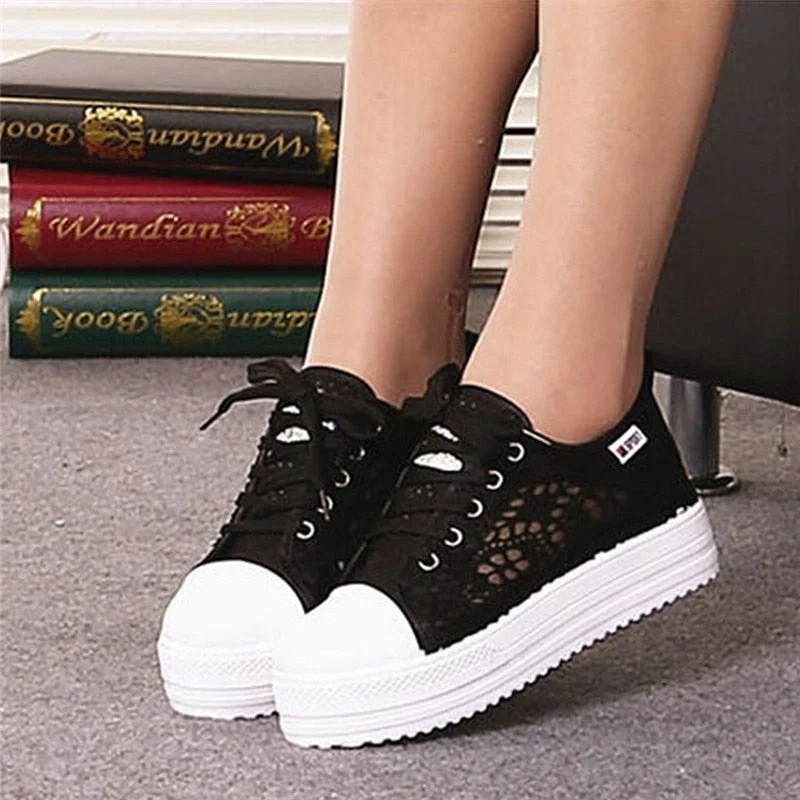 Women Sneakers Lace Up Fashion Summer Casual White Shoes Cutouts Lace Canvas Hollow Breathable Platform Flats Zapatos Mujeres