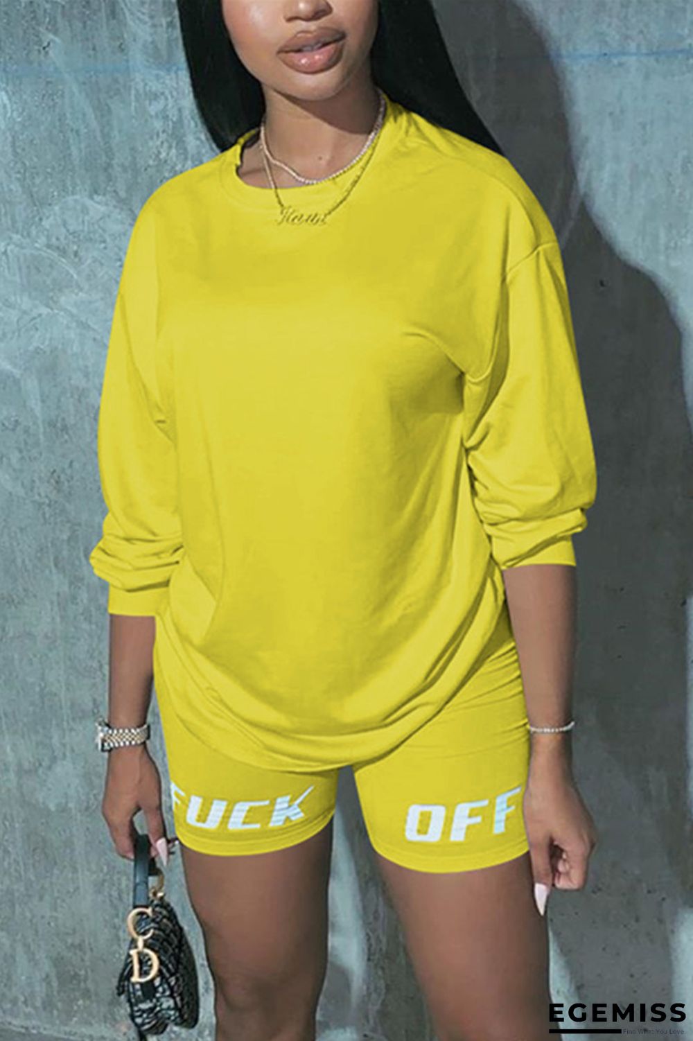Yellow Fashion Casual Letter Offset Printing Long Sleeve Two Piece Set | EGEMISS
