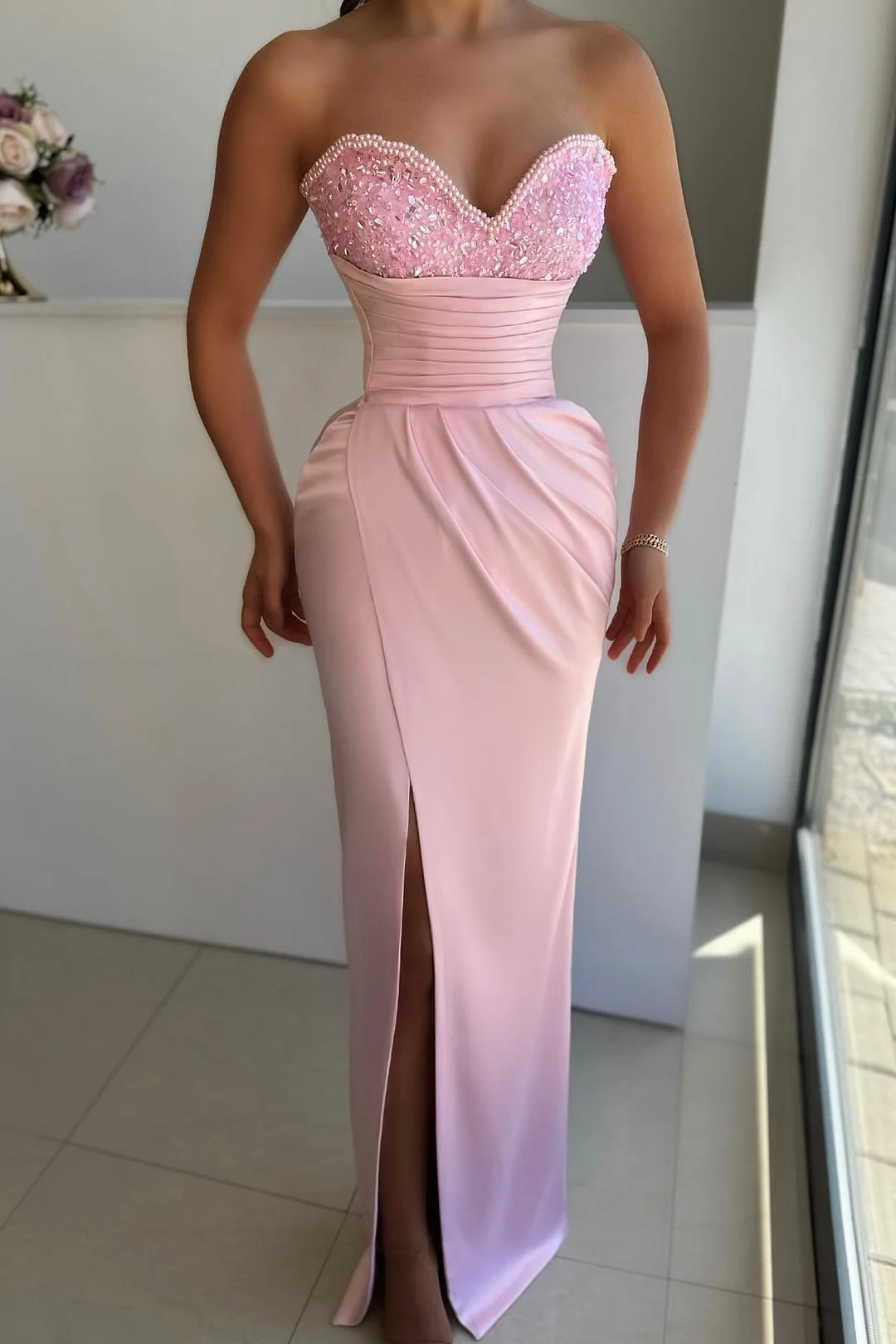 Bellasprom Pink Sweetheart Mermaid Prom Dress Pearls Sequins With Split