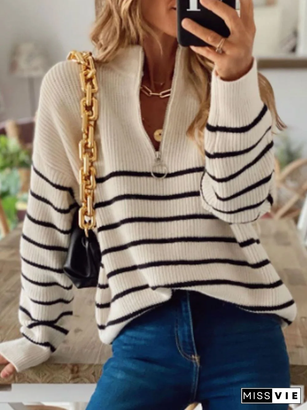 V Neck Zipper Long Sleeve Stripes Sweater