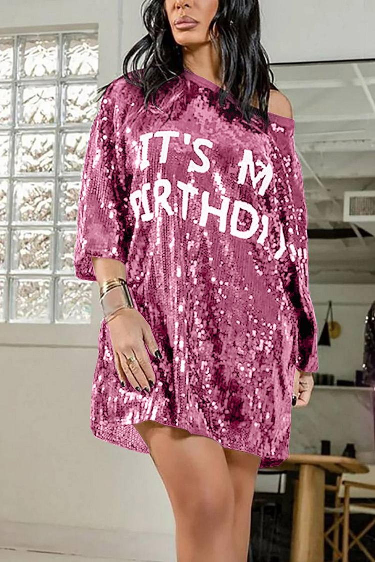 Xpluswear Plus Size Pink Daily Round Neck Letter Sequin Stitching Mini Dress