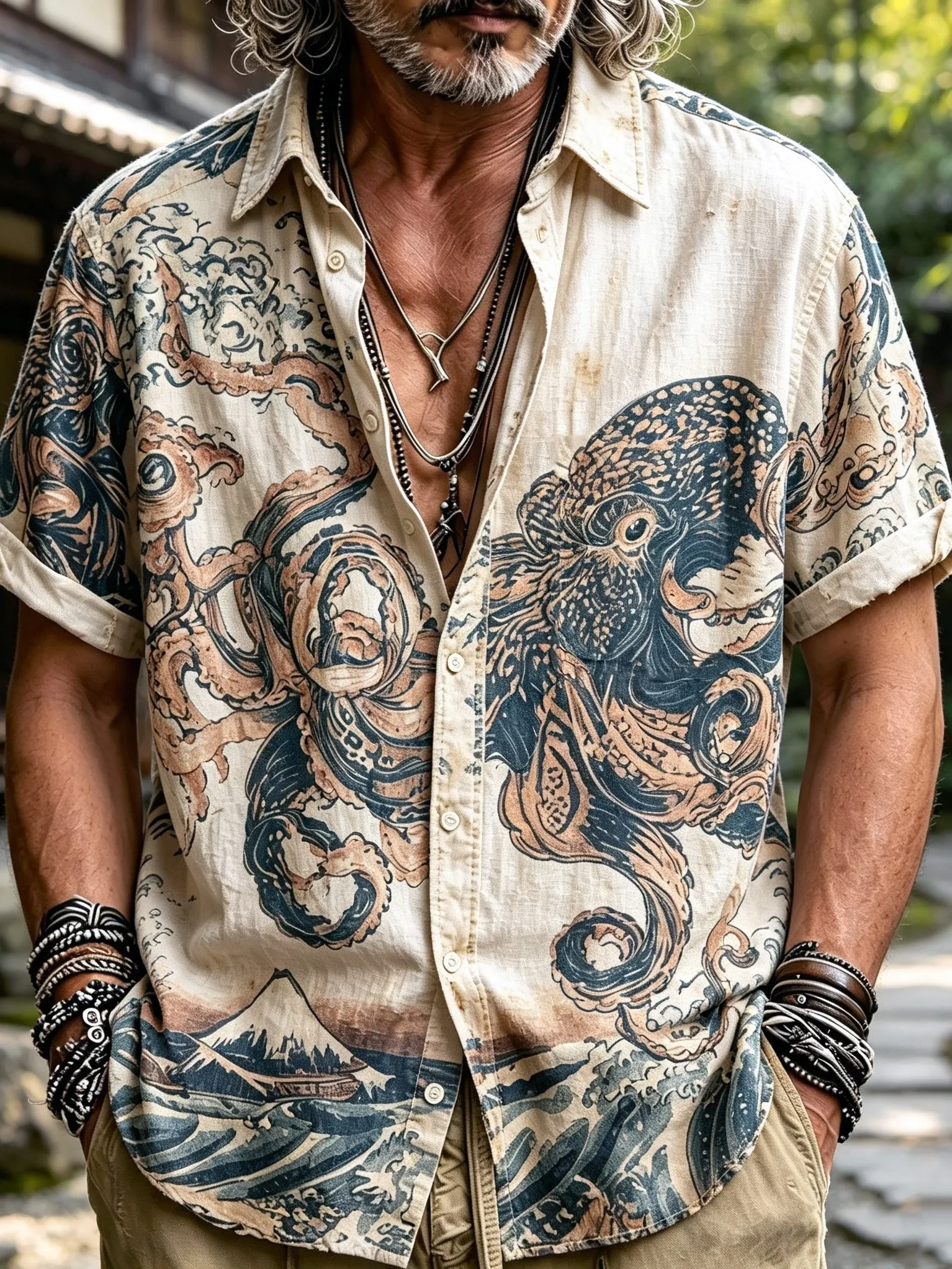 Men's Retro Japanese Art Octopus And Wave Print Short-sleeve Shirt  artssus