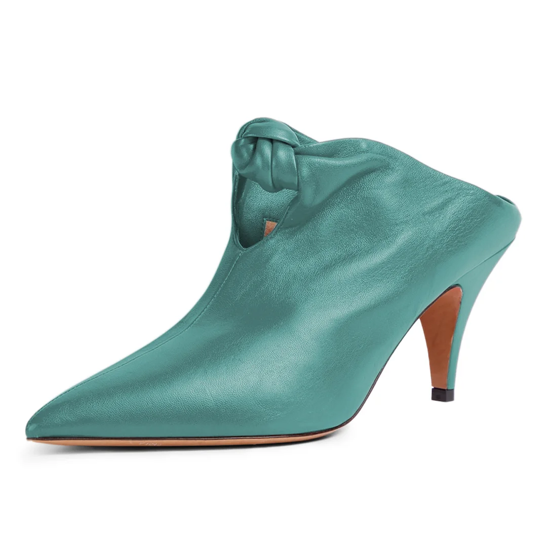 Vegan Leather Pointed Toe Fashion Heeled Classy Mules in Turquoise