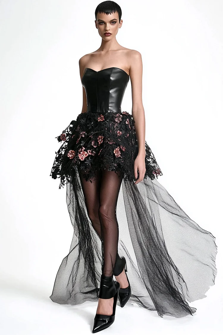 PU Leather Patchwork 3D Floral Mesh Mini Dress-Black [Custom-Made]