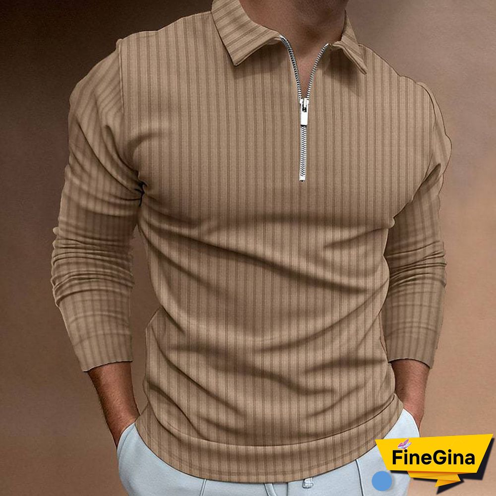 Brown Men's Waffle Solid Color Collar Patchwork Long Sleeve Zipper Shirt