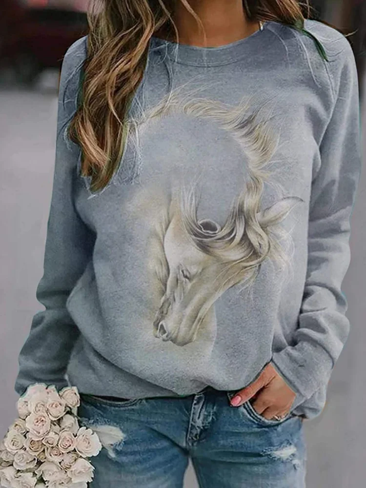 Horse Art Print Contrast Color Sweatshirt