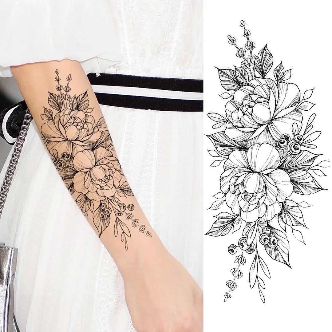 Sdrawing Peony Flower Moon Temporary Tattoos For Women Adult Rose Daisy Crown Fake Tattoo Fashion Washable Half Sleeve Tatoos