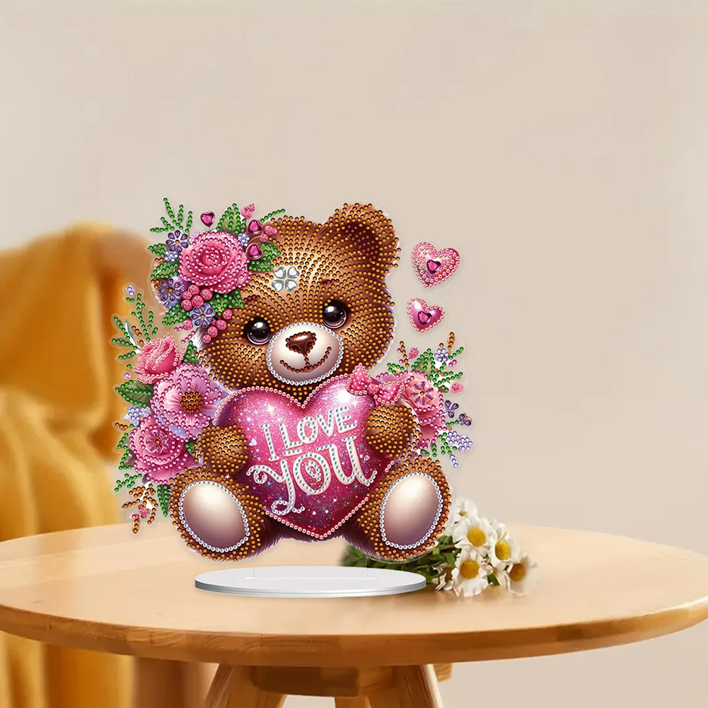 5D DIY Love Flower Bear Acrylic Single-Sided Diamond Painting Tabletop Ornament Kit for Office Desktop Decor